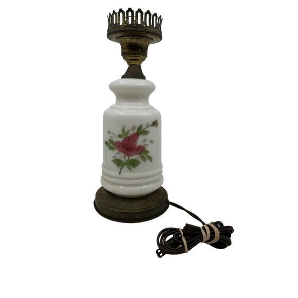Vintage Milk Glass Oil Lamp Base With Floral Design & Brass Crown Detailing - Picture 1 of 14